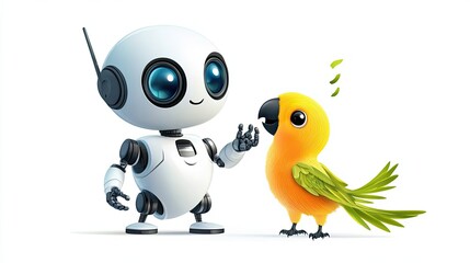 Fototapeta premium White Robot with Blue Eyes Interacting with a Yellow and Green Parrot