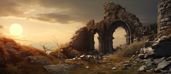 Ruins of a medieval chapel at sunset showcasing historic architecture in a fortress landscape