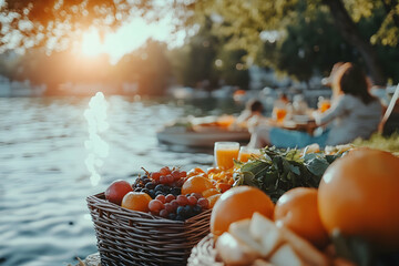 Naklejka premium Sunset Picnic. Fresh Fruit Basket by the Lake