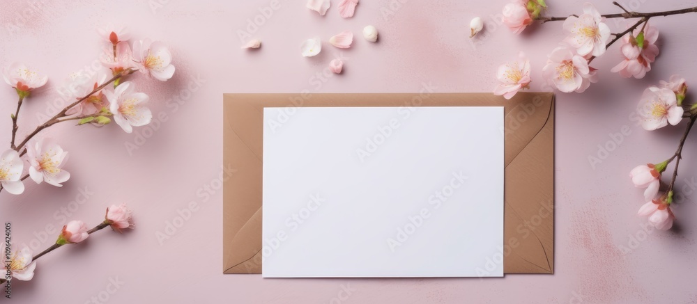 Poster Spring invitation mockup flat lay with craft paper envelope and blossoms on soft pink background for design and stationery presentation.
