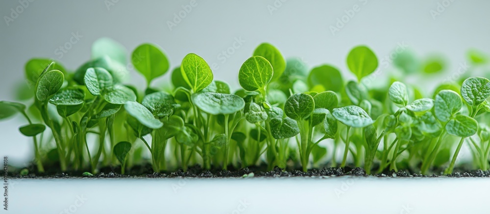 Poster fresh green pea shoots growing in soil with delicate tendrils on a white background showcasing a sha