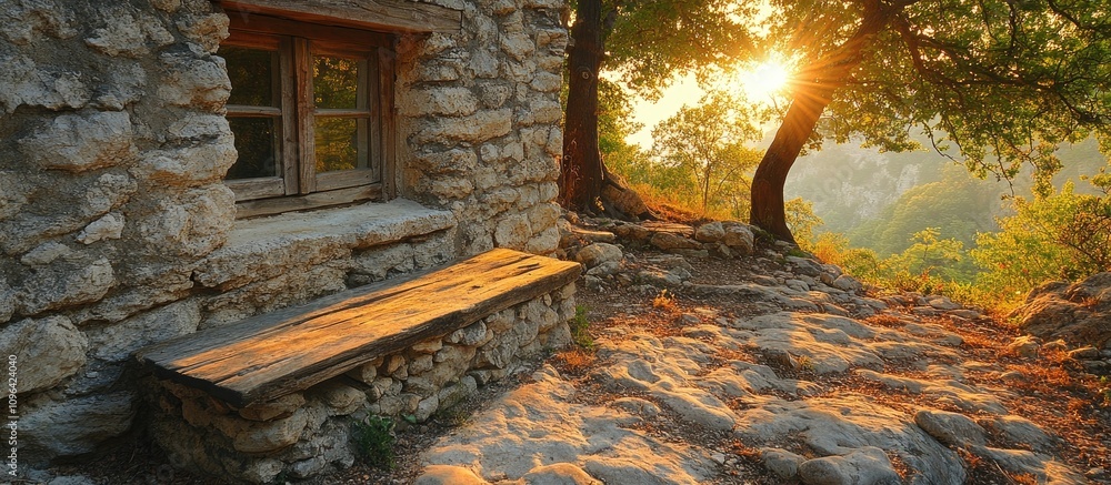 Poster sunrise illuminating ancient stone architecture surrounded by lush greenery and a serene landscape, 