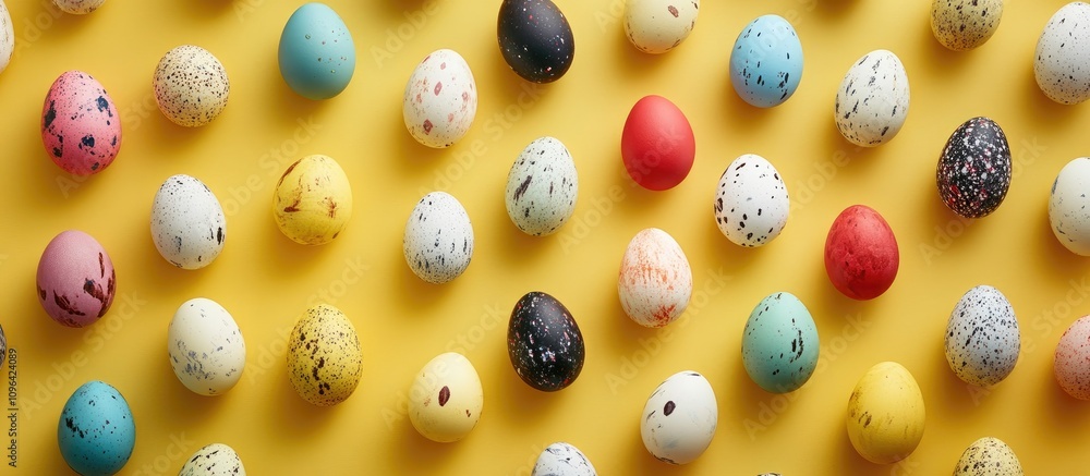 Poster colorful easter eggs arranged on a vibrant yellow background creating a festive and cheerful atmosph