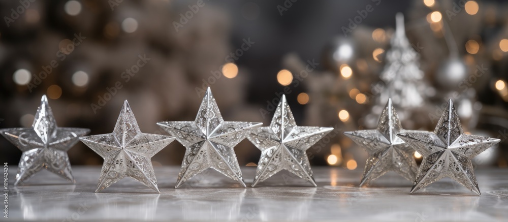 Aufkleber Silver Christmas stars display creating a festive atmosphere with a blurred bokeh background of holiday decorations and lights.