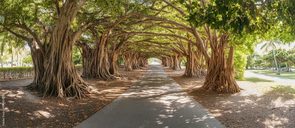 Aufkleber Tropical Tree Tunnel Pathway in Summer Park with Lush Green Canopy Overhead Creating a Serene Walkway for Relaxation and Enjoyment