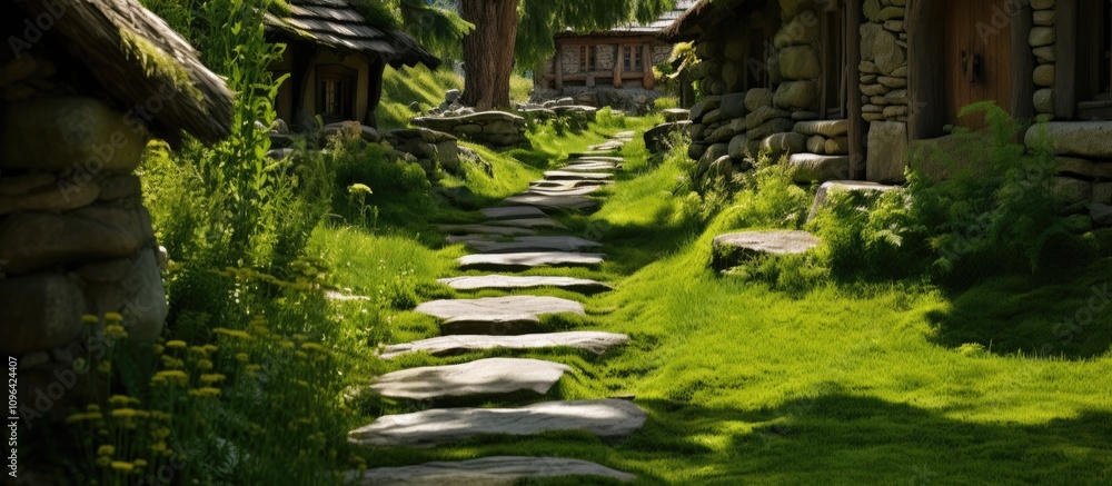Aufkleber serene stone pathway surrounded by lush greenery and rustic stone houses in a tranquil countryside s
