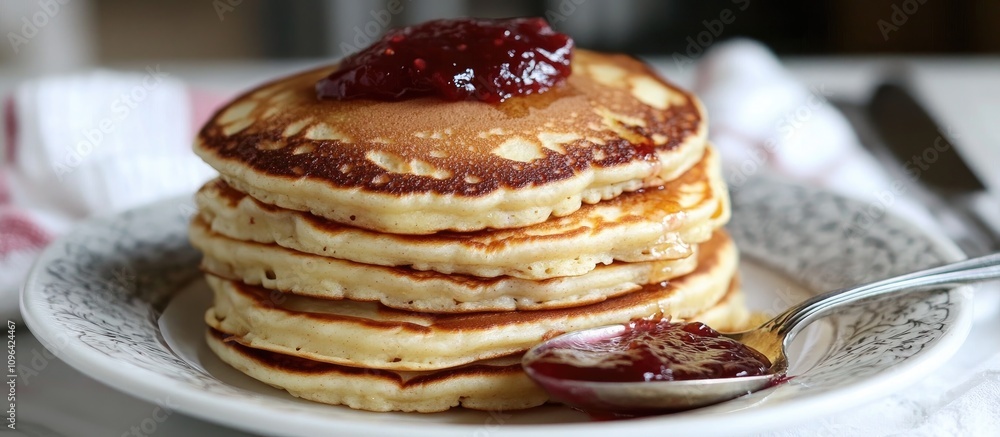 Poster stack of fluffy pancakes served on a decorative plate with strawberry jam and a spoon creating a del