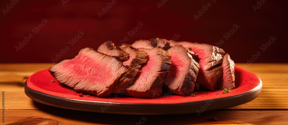 Poster sliced grilled beef on a vibrant red plate showcasing tenderness and flavor displayed on a rustic wo