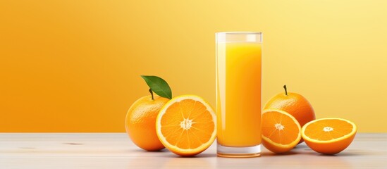 Naklejka premium Freshly squeezed orange juice served with vibrant orange slices against a bright yellow background for a refreshing and fruity beverage theme.
