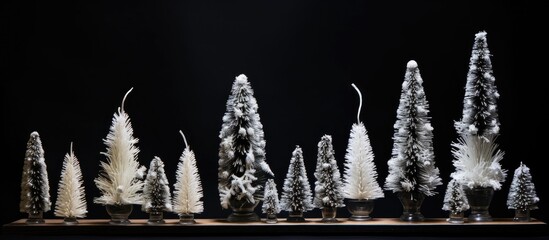 Monochrome arrangement of miniature bottle brush Christmas trees for elegant holiday decoration on a dark background