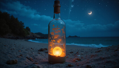 Glowing bottle on the beach at night with moonlight and starry sky
