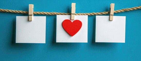 Decorative display of blank business cards and a red heart on clothespins against a blue backdrop ideal for personalized message creation