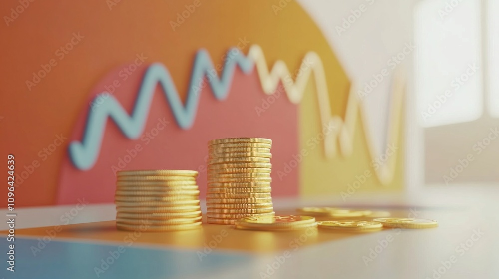 Poster a stack of gold coins sits on a table next to a graph