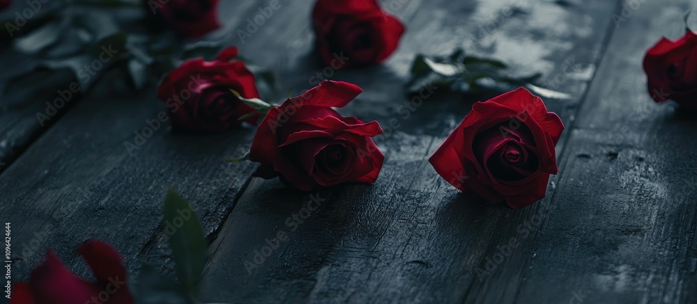 Poster romantic red roses scattered on a weathered wooden table creating a warm and inviting atmosphere for