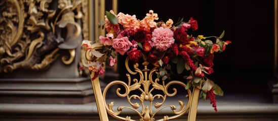 Elegant floral arrangement adorning a ceremonial chair in an ornate setting showcasing vibrant colors and intricate design.