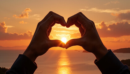 Hands forming heart shape against sunset over the ocean

