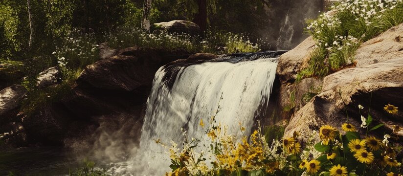 Serene Sicamous Creek Waterfall Surrounded by Vibrant Wildflowers and Lush Greenery in a Tranquil Natural Setting