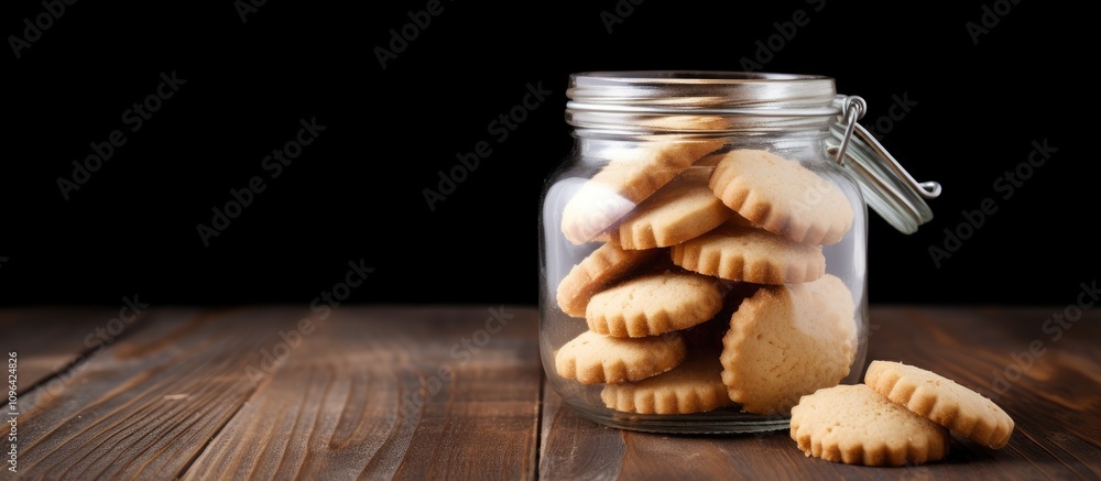 Poster Shortbread cookies in a glass jar on a rustic wooden table with a blank space for text or design elements.