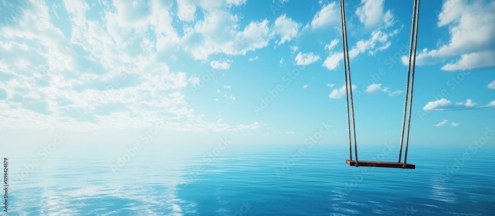 Poster serene swing overlooking tranquil azure ocean and sky with soft clouds in a peaceful landscape setti
