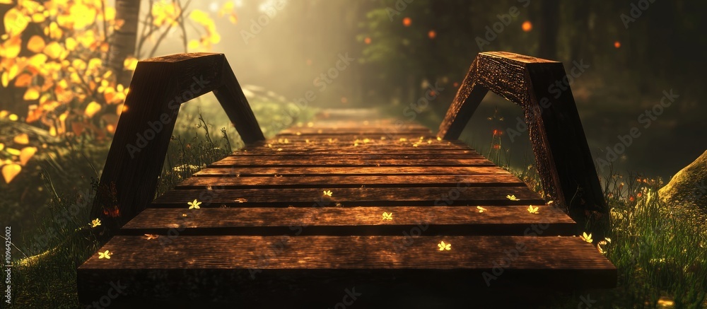 Poster serene view of a rustic wooden bridge surrounded by lush greenery and ethereal light in a tranquil f