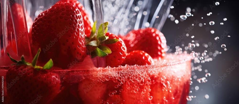 Poster fresh strawberries blended with sugar creating a refreshing drink with dynamic splashes captured in 
