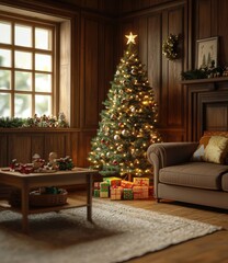 Living Room decorated for Christmas with presents and tree