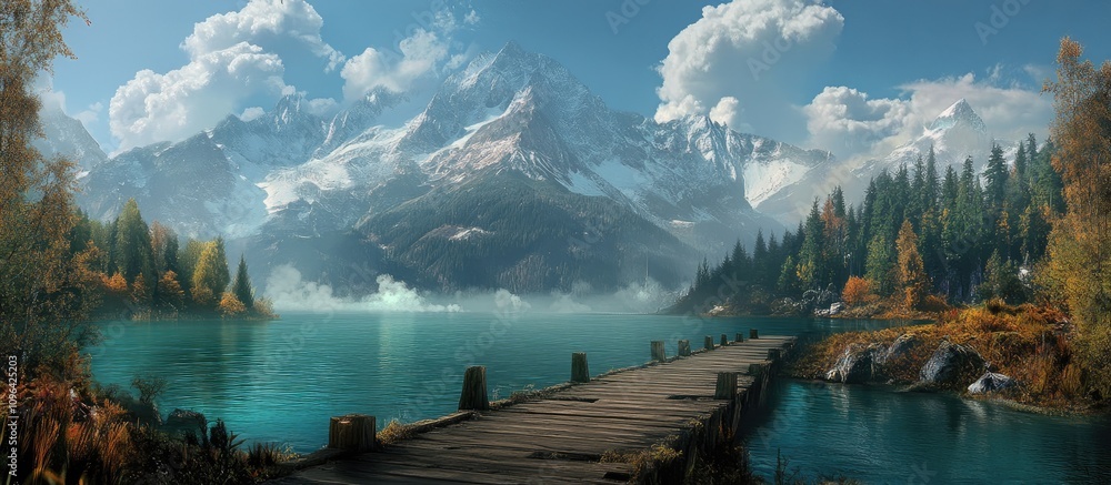 Poster scenic view from a bridge over an azure lake surrounded by majestic mountains and lush greenery unde