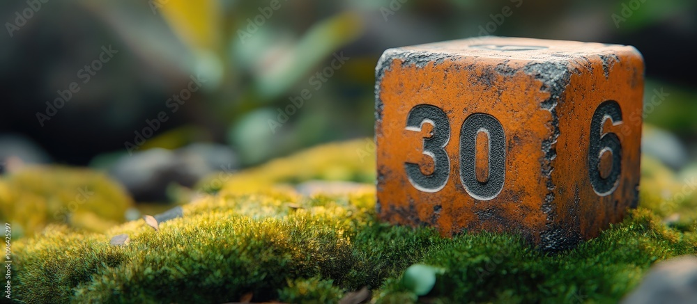 Poster weathered number cube resting on lush green moss in a natural outdoor setting showcasing earthy text