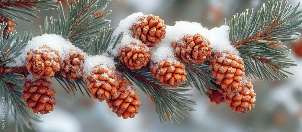 Poster pine branch adorned with snow and pine cones in a winter forest showcasing the beauty of evergreen t