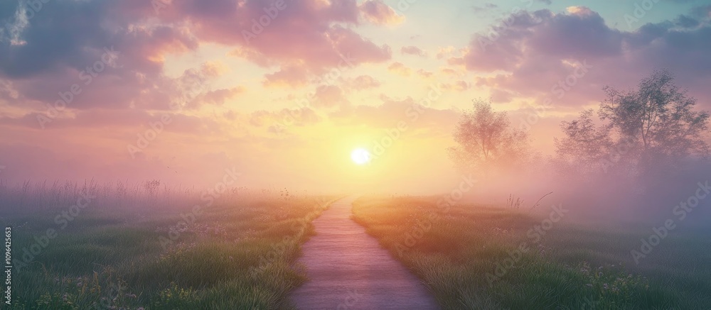 Poster serene asphalt pathway through a misty field at sunset with colorful clouds and warm light creating 