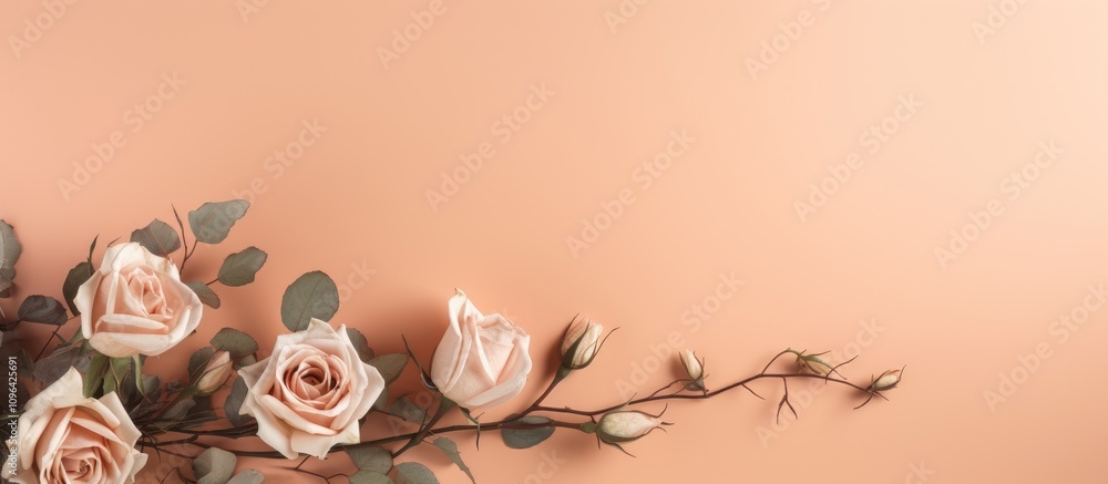 Aufkleber pale pink roses and eucalyptus twigs arranged on an apricot background with ample copy space for a s