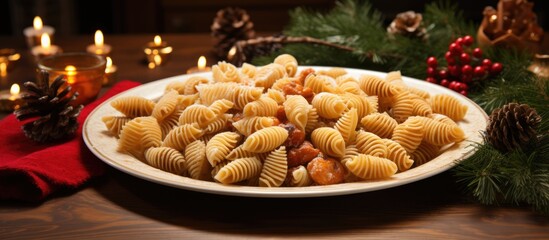 Obraz premium Christmas Eve Feast Traditional Lithuanian Kuciukai Pasta Treats Surrounded by Festive Decor and Candles