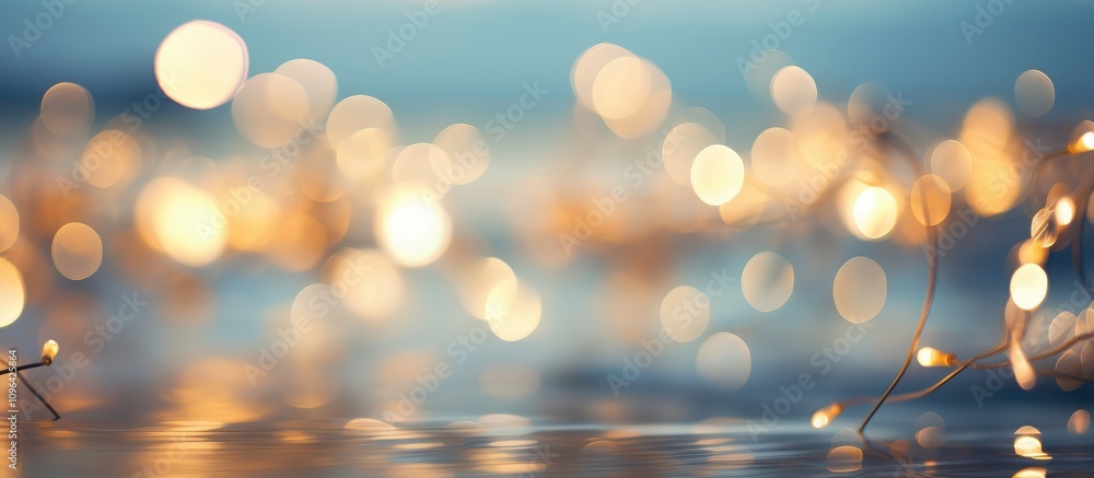 Poster enchanting bokeh lights reflecting on water at a serene seaside party creating a dreamy and elegant 
