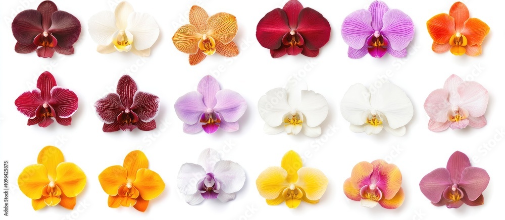 Poster Orchids of various colors and varieties arranged on a white background for decorative and botanical purposes