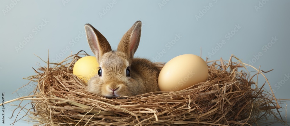 Poster easter themed composition with a rabbit resting in a nest alongside decorative eggs on a soft backgr