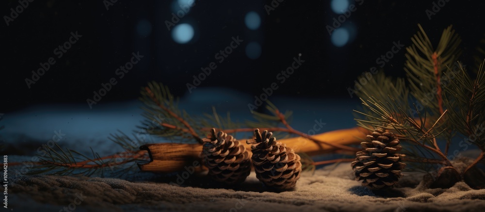 Poster nighttime still life with toy sledges pine cones and spruce branch creating a cozy winter atmosphere