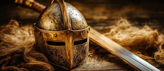 Elegant golden knight helmet and wooden sword set against rustic background highlighting medieval craftsmanship and historical significance