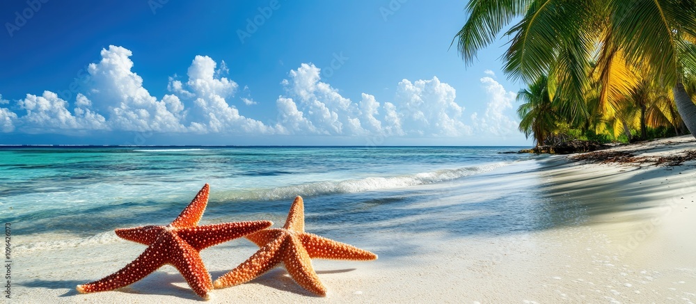 Poster starfish on a tropical beach in the caribbean under a bright blue sky with lush palm trees and gentl