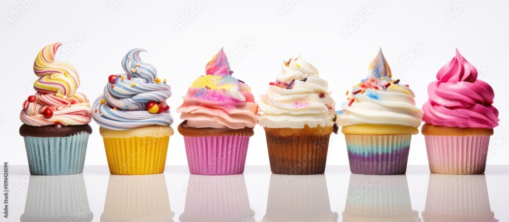 Poster colorful gourmet cupcakes displayed elegantly in a row showcasing diverse toppings and vibrant wrapp