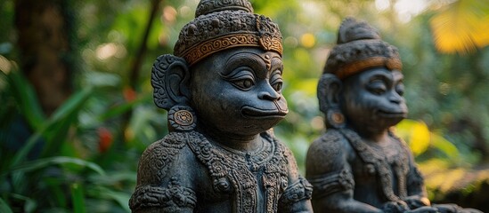 Obraz premium Bali Statues in Monkey Forest Surrounded by Lush Greenery Capturing Cultural Heritage and Serenity