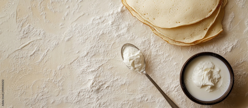 Aufkleber thin pancakes on a light surface with a spoon of sour cream and a bowl of milk viewed from above ide