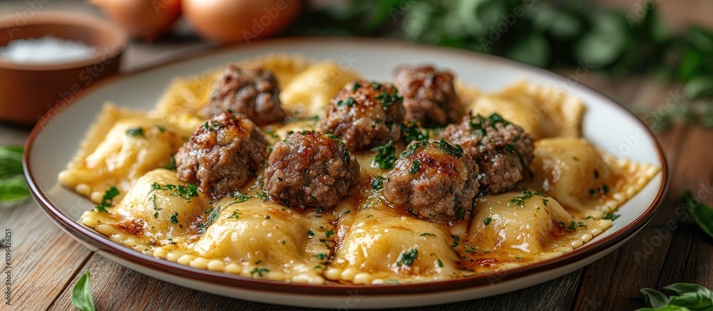 Poster delicious meat and onion ravioli served with meatballs and herbs on a rustic wooden table with fresh