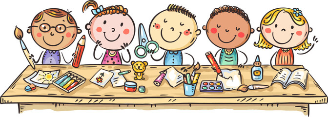 Happy cartoon kids crafting together at the table, children creative activities, kids cooperation, children hobby, doodle characters. Colorful vector illustration