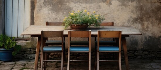 Fototapeta premium Rustic wooden table and chairs with a potted plant at a farmhouse exterior creating a charming outdoor dining setting