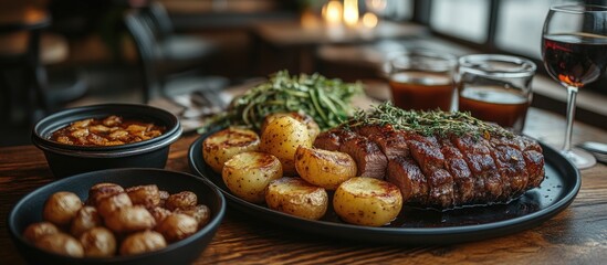 Obraz premium Table set with a gourmet meal featuring roasted meat, seasoned potatoes, and sides in a cozy cafe atmosphere with warm lighting.