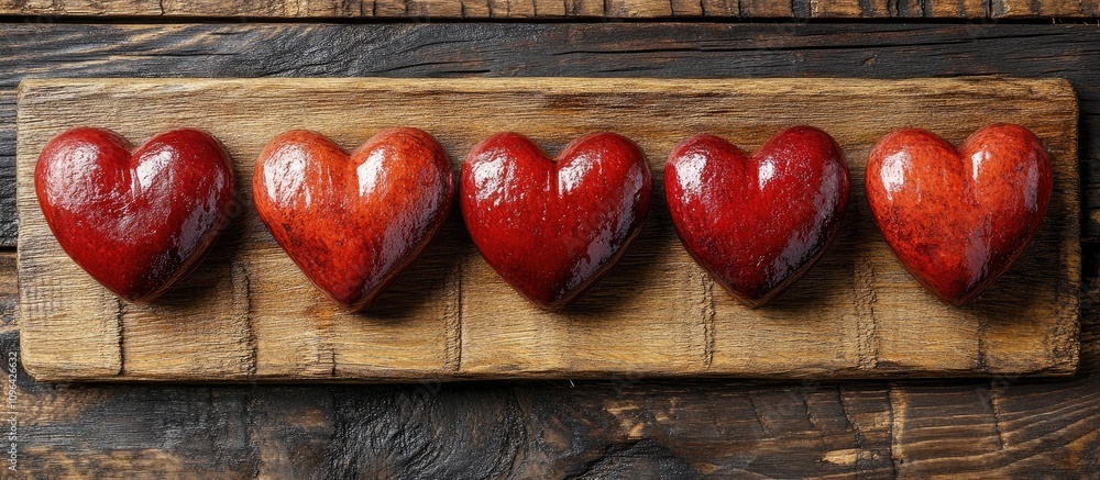 Poster five glossy red heart shapes arranged on a rustic wooden board showcasing love and affection in a wa