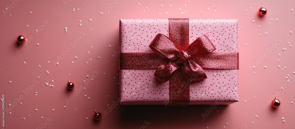 Aufkleber red gift box with bow on pink backdrop surrounded by decorative elements flat lay top view space for