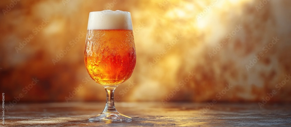 Aufkleber chilled beer in a frosty glass with a creamy foam head on a rustic table with a warm bokeh backgroun