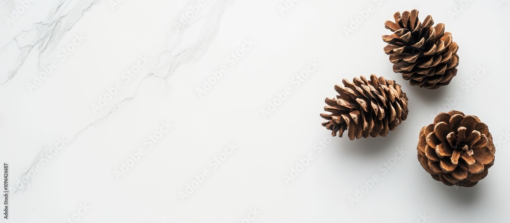 Poster brown pine cones on a white marble table surface with empty space for text in a top view macro persp