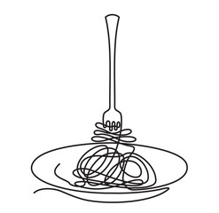One continuous line drawing of fork and plate with spaghetti in simple linear style. One line noodle. Single line drawing of Hand draw sketch. Minimalist line art illustration for restaurant menu